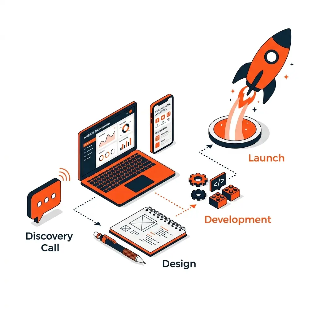 Digital agency workflow showing how Daily Solution delivers WordPress and Shopify projects